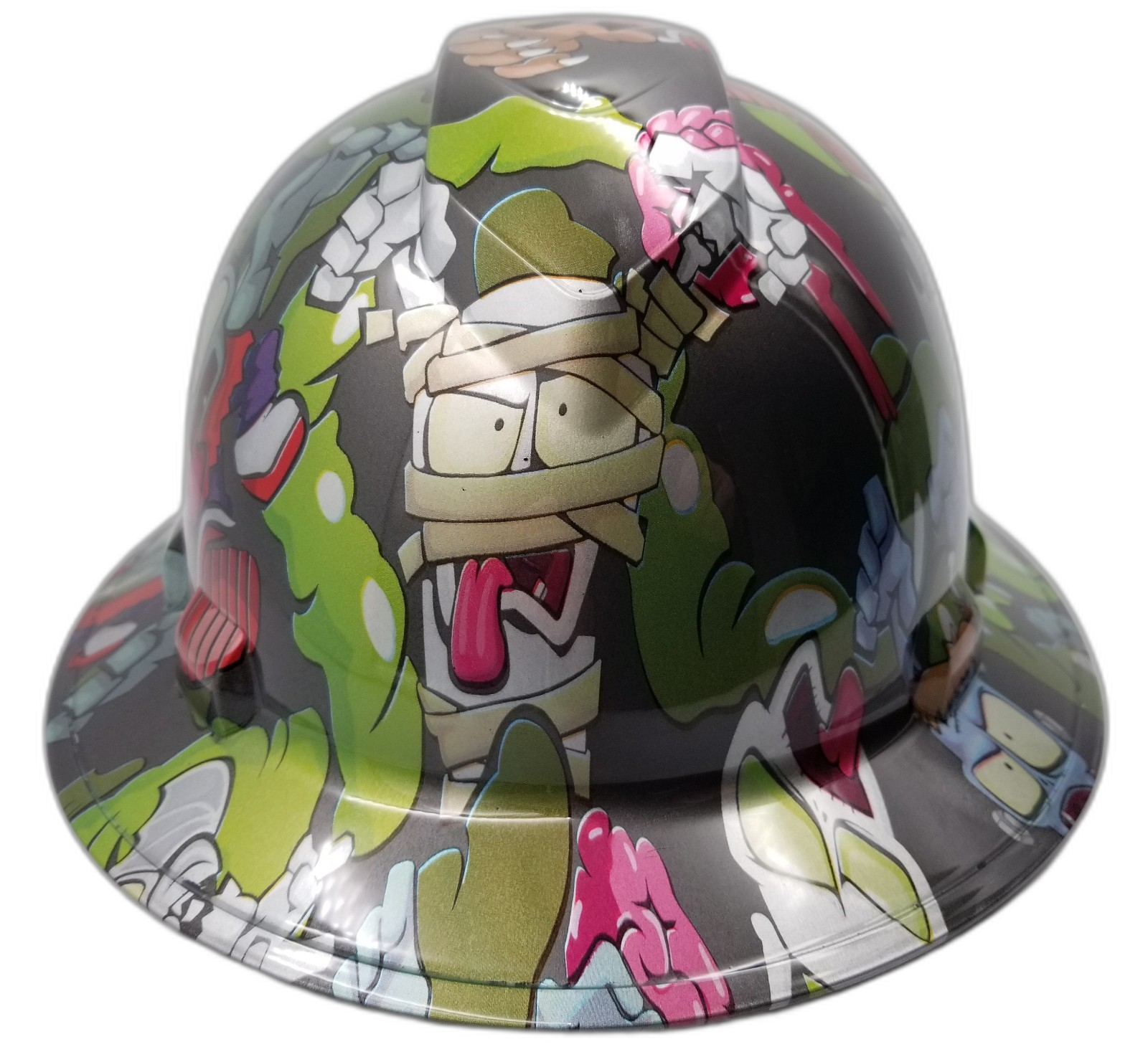 Comic Book Zombie Squad Custom Hydro Dipped Full Brim Hard Hat - Front View