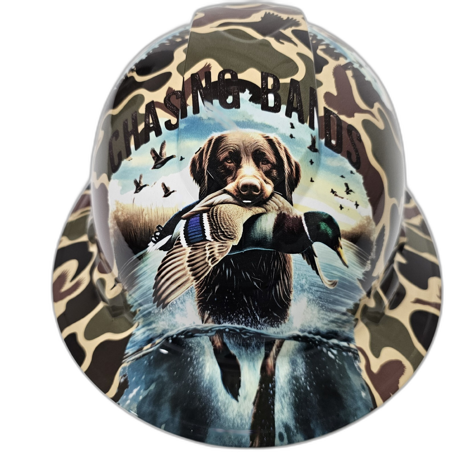 Drake Duck Hunter Chasing Bands Custom Hydro Dipped Full Brim Hard Hat - Front View