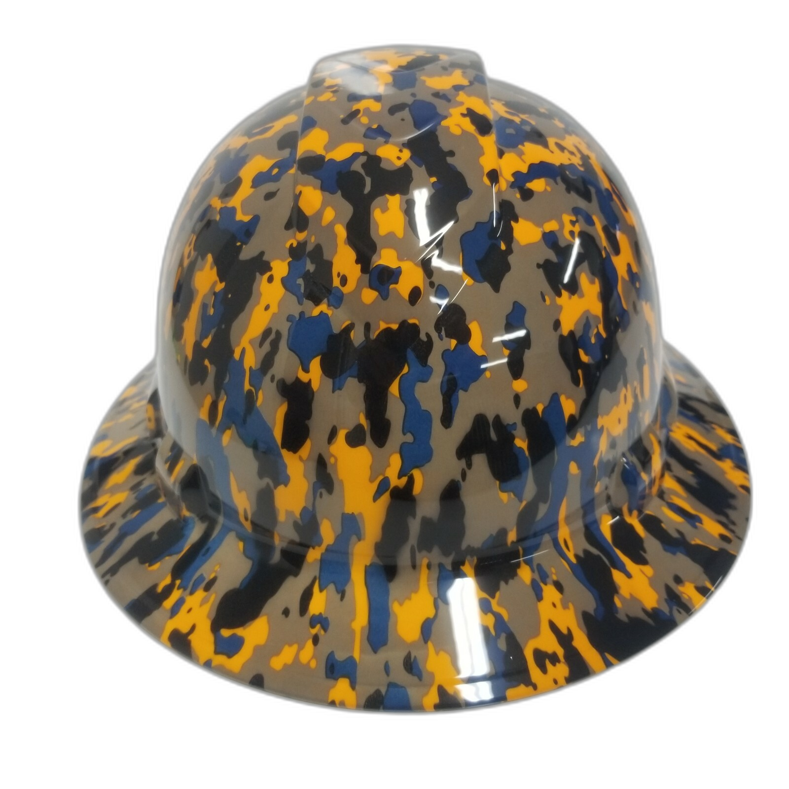 Orange Black And Blue Digital Camo Custom Hydro Dipped Full Brim Hard Hat - Front View