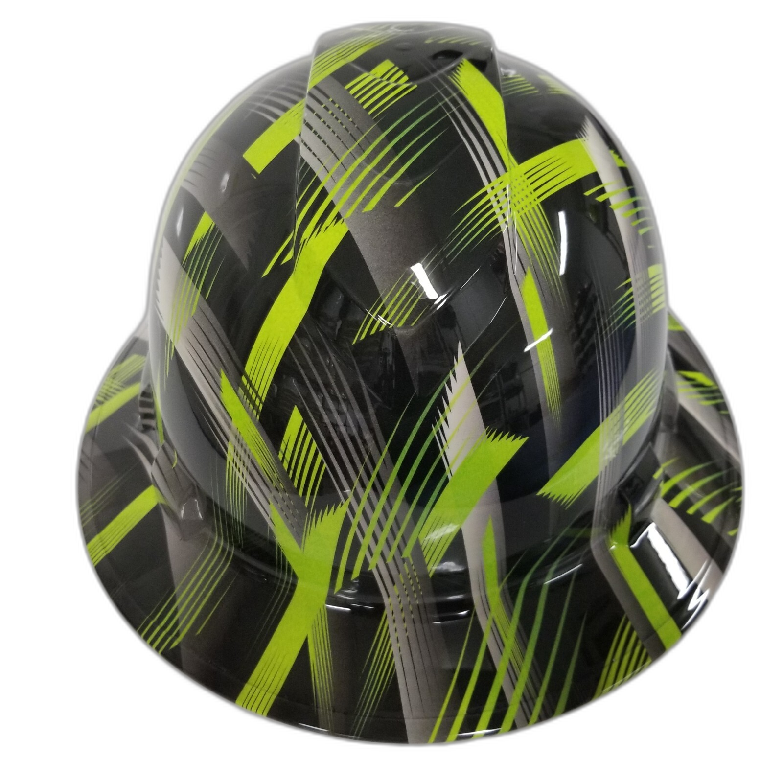 Lime Abstract Urban Camo Custom Hydro Dipped Full Brim Hard Hat - Front View