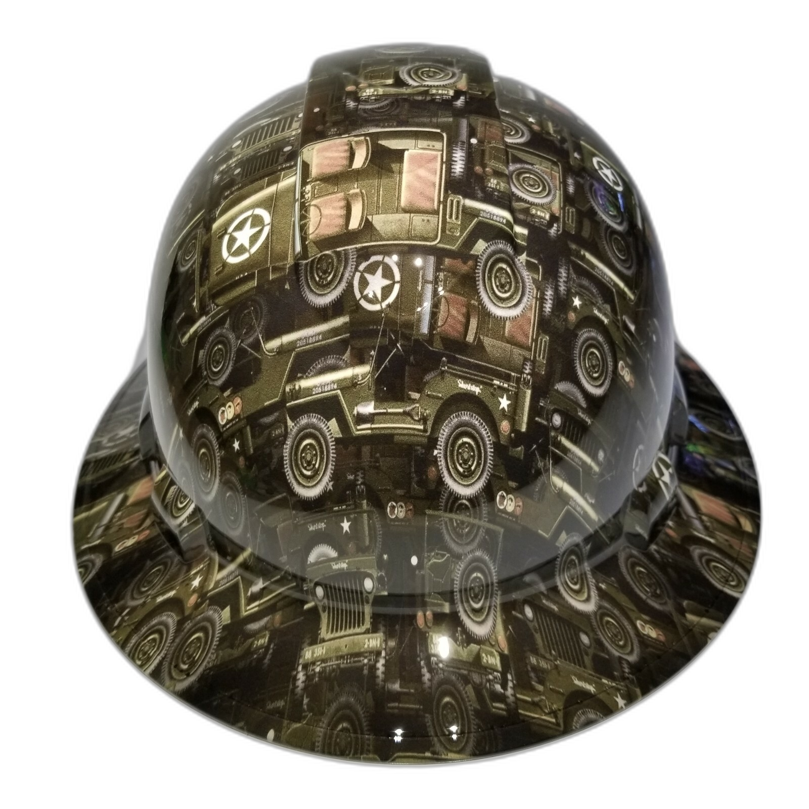 Military Truck Camo Custom Hydro Dipped Full Brim Hard Hat - Front View