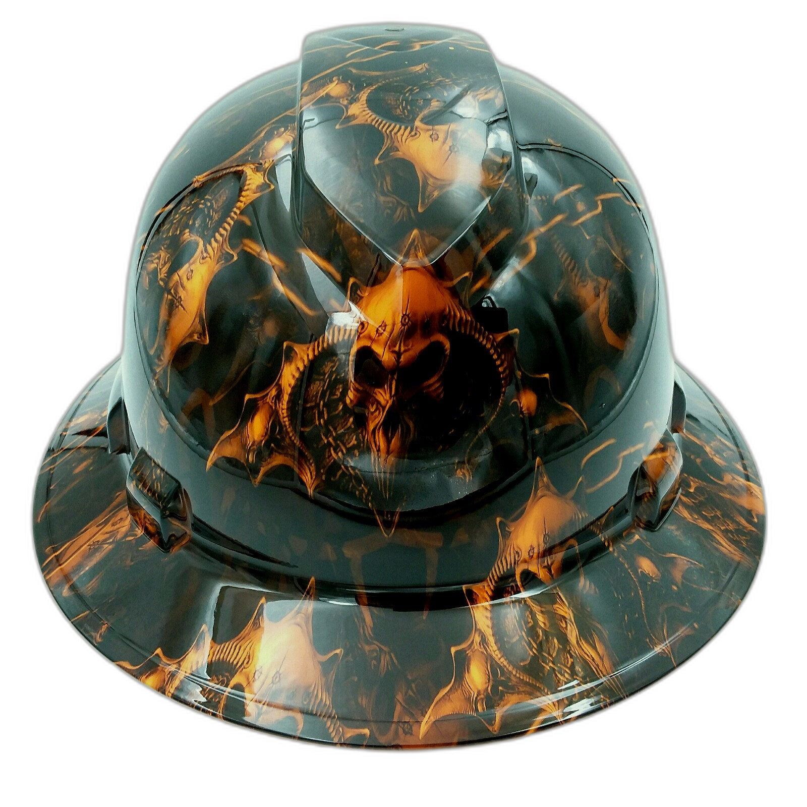 Dark Raiser Skulls Hi Vis Orange Custom Hydro Dipped Full Brim Hard Hat - Front View