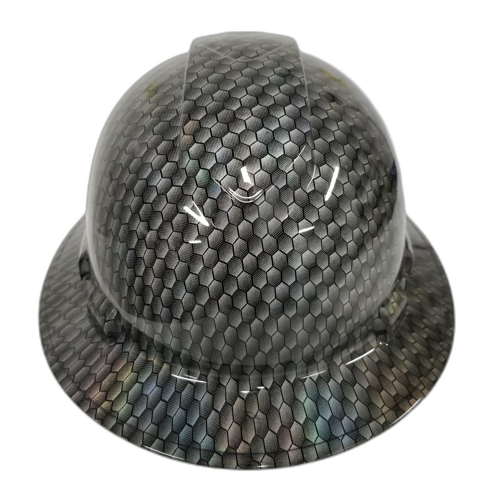 Black metal holographic hex weave Custom Hydro Dipped Full Brim Hard Hat - Front View