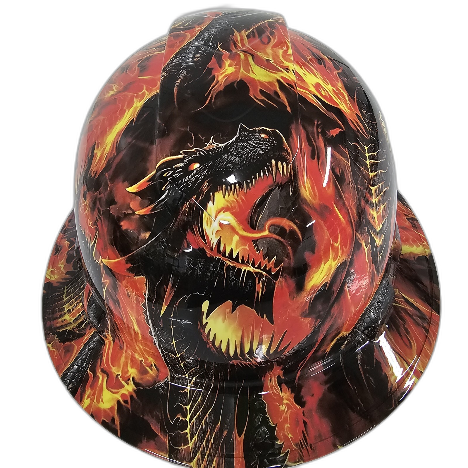Fire Breathing Dragon Custom Hydro Dipped Full Brim Hard Hat - Front View