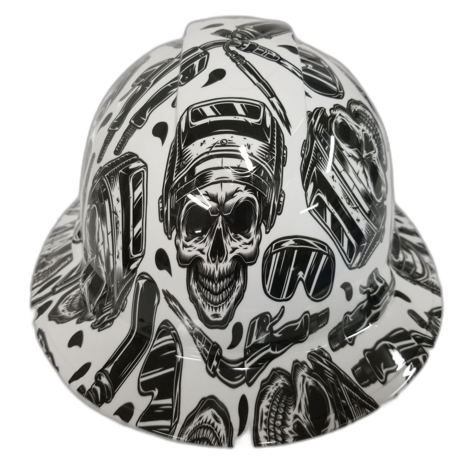 Welder Theme Welder Up White Custom Hydro Dipped Full Brim Hard Hat - Front View