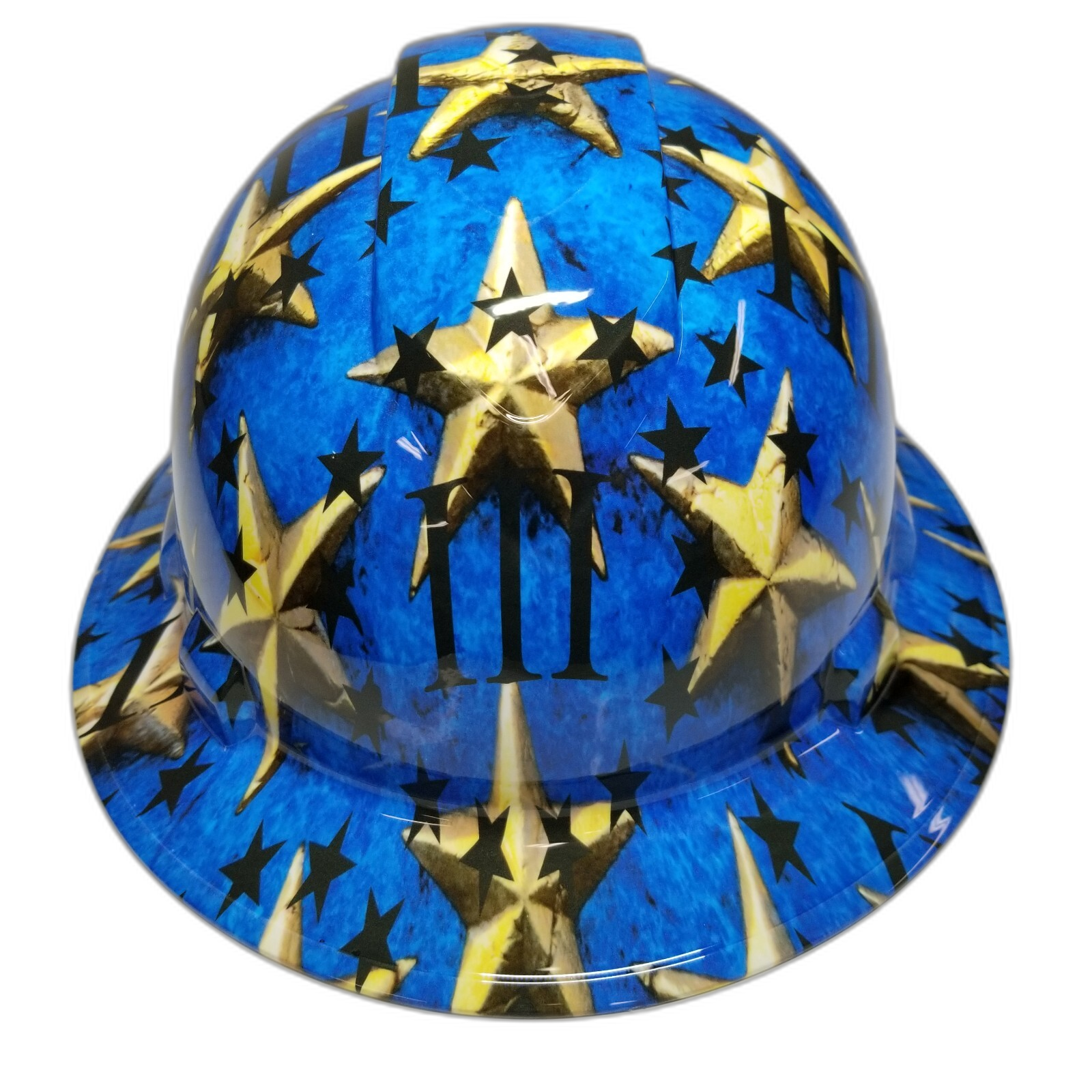 3 Percenteer Logo Patriotic Stars Custom Hydro Dipped Full Brim Hard Hat - Front View