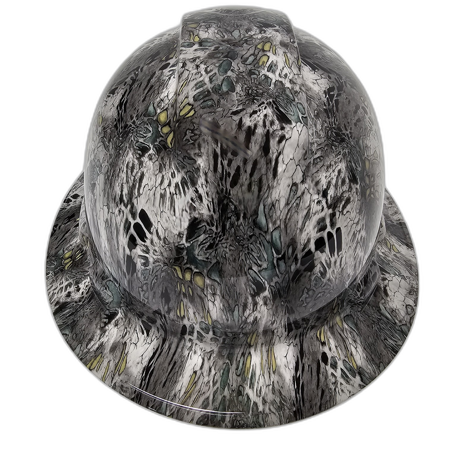Kryptik Snow Winter Camo Custom Hydro Dipped Full Brim Hard Hat - Front View