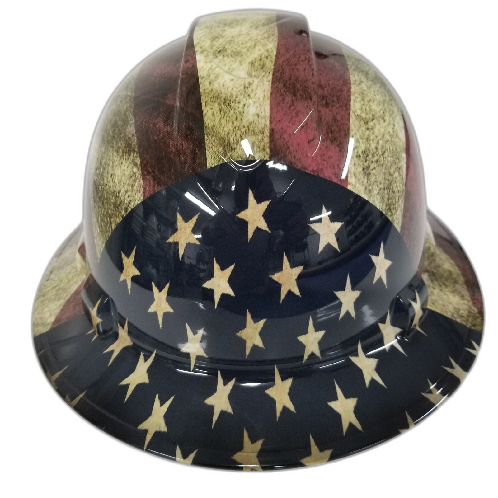 Old Glory USA Flag Grunge American Fla Custom Hydro Dipped Full Brim Hard Hat - Front View