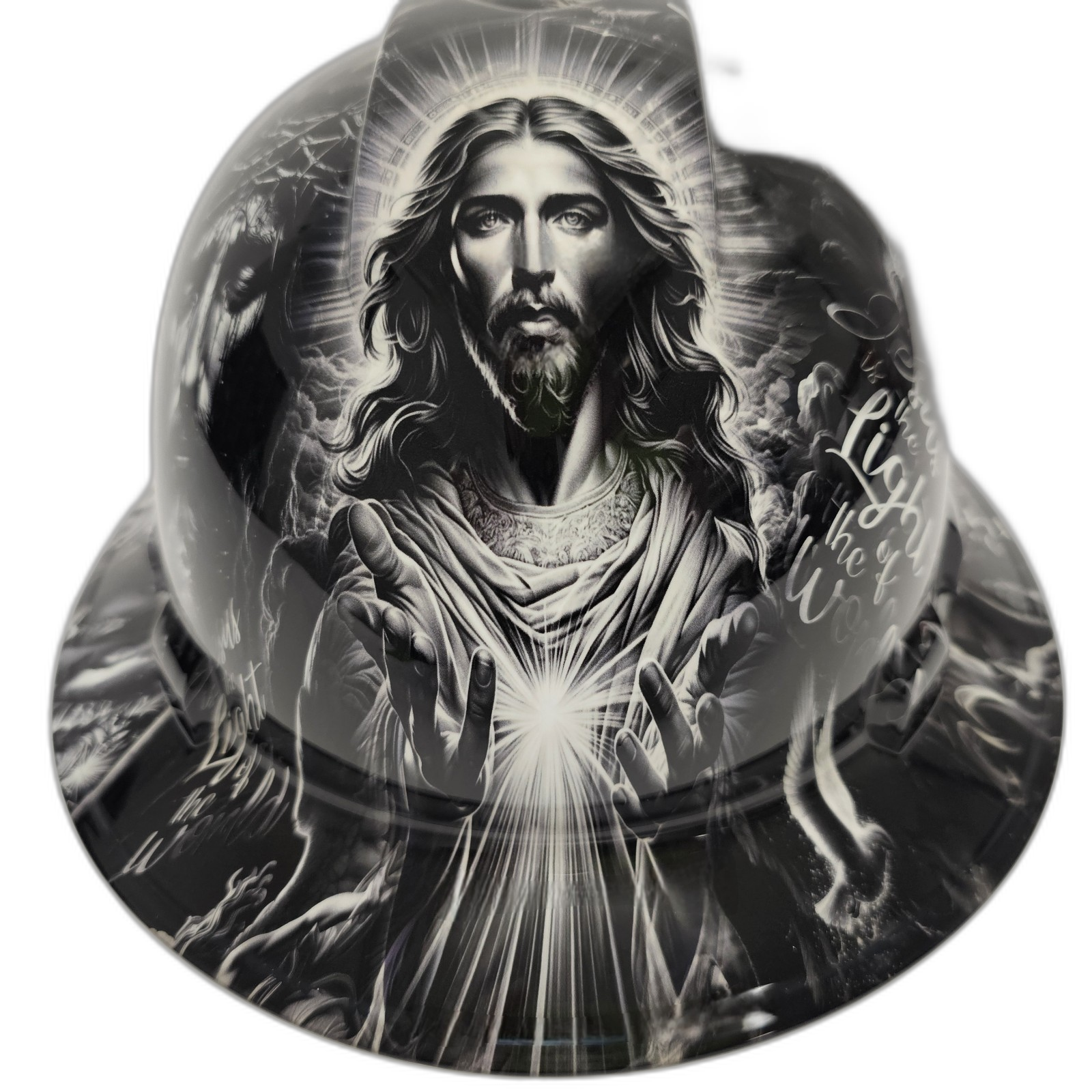 Jesus Loving Arms Light Of The World Custom Hydro Dipped Full Brim Hard Hat - Front View