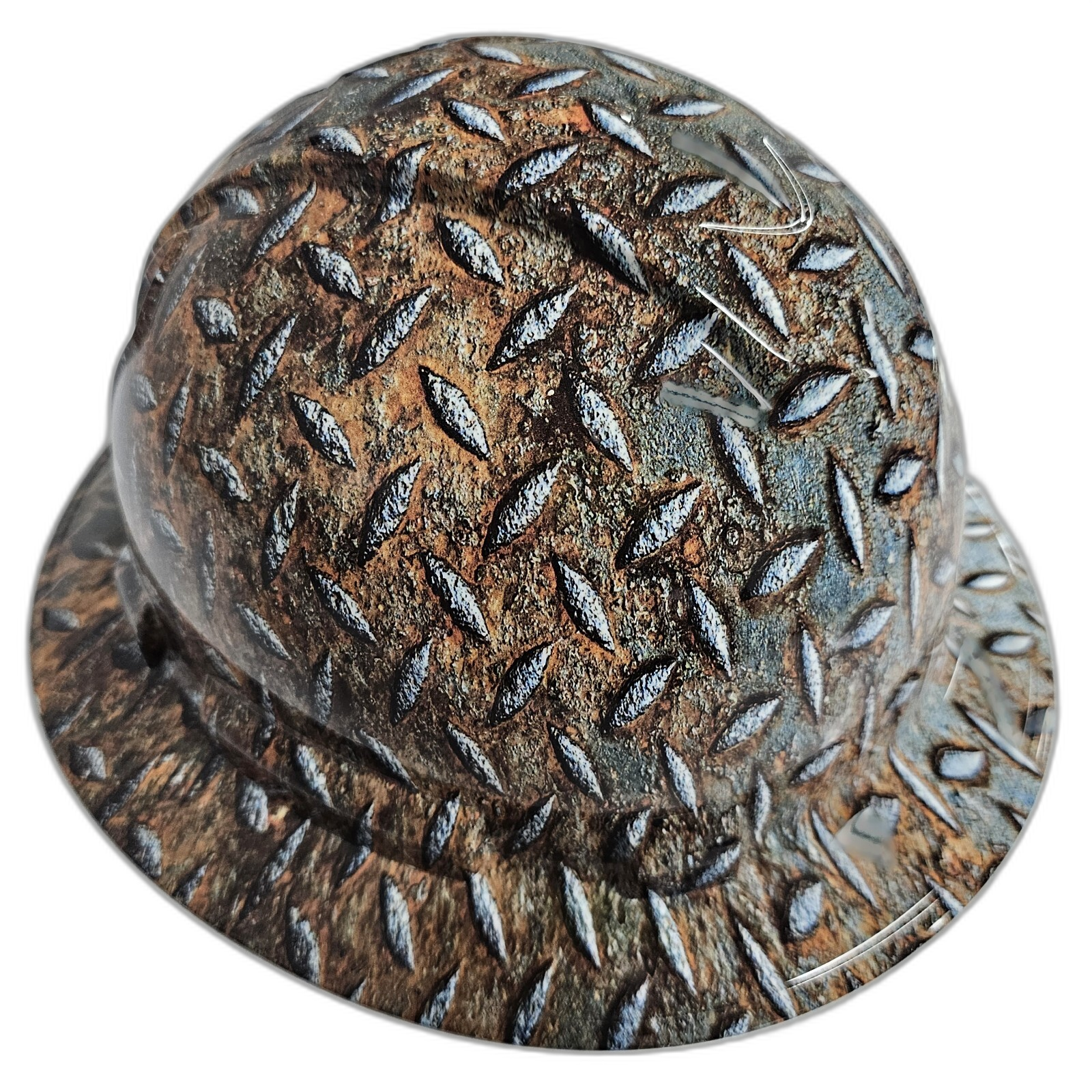 Realistic Diamond Plate Steel Rusty Custom Hydro Dipped Full Brim Hard Hat - Front View