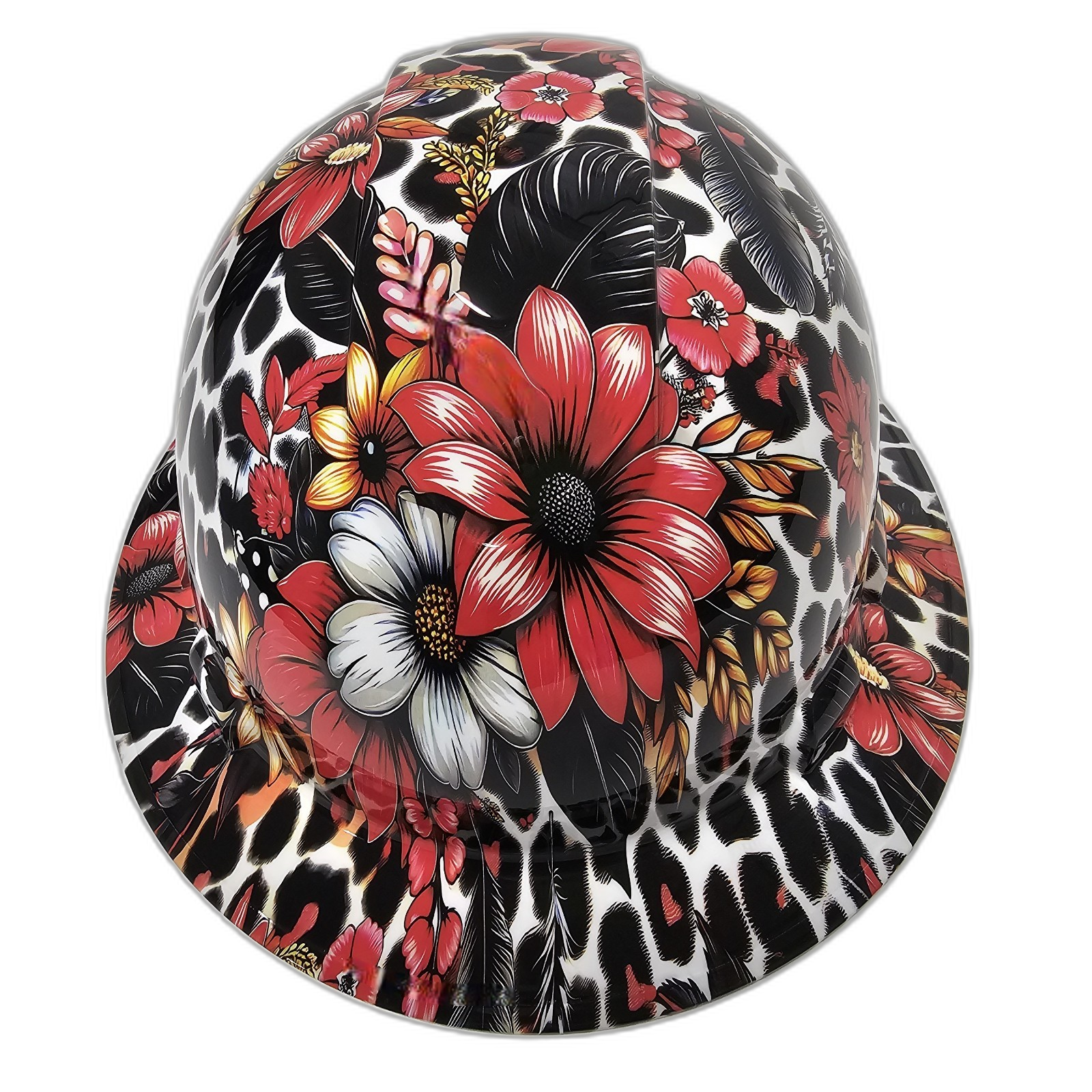 Red Daisey Leopard Beebop Custom Hydro Dipped Full Brim Hard Hat - Front View