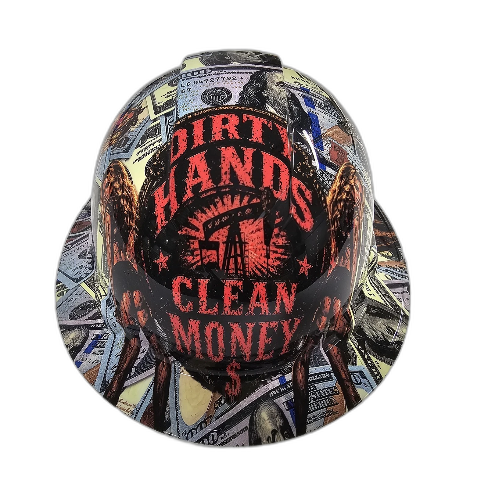 Oilfield Dirty Hands Clean Money custom hydro dipped hard hat - front view