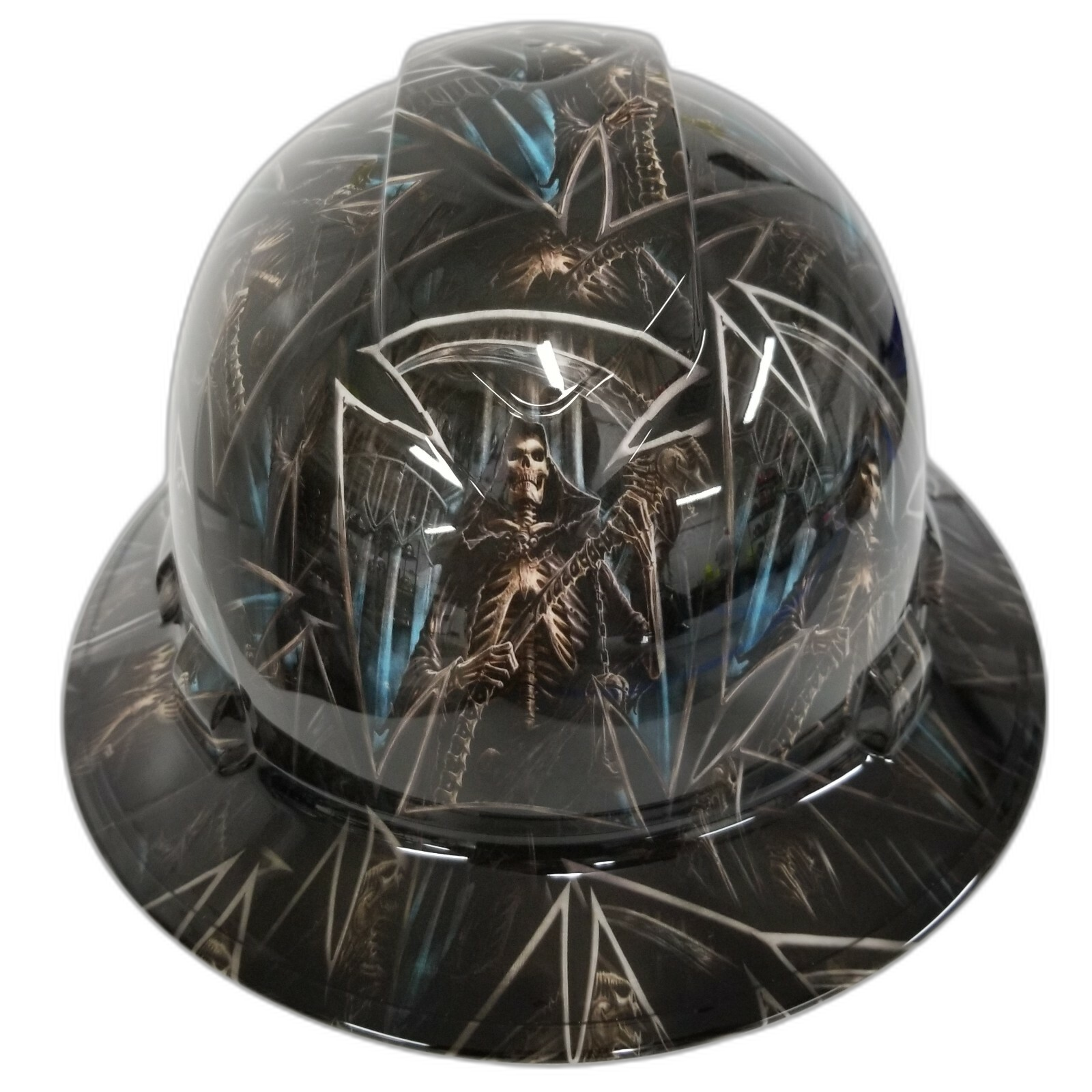 Grim Reaper Maltese Cross Skulls Custom Hydro Dipped Full Brim Hard Hat - Front View