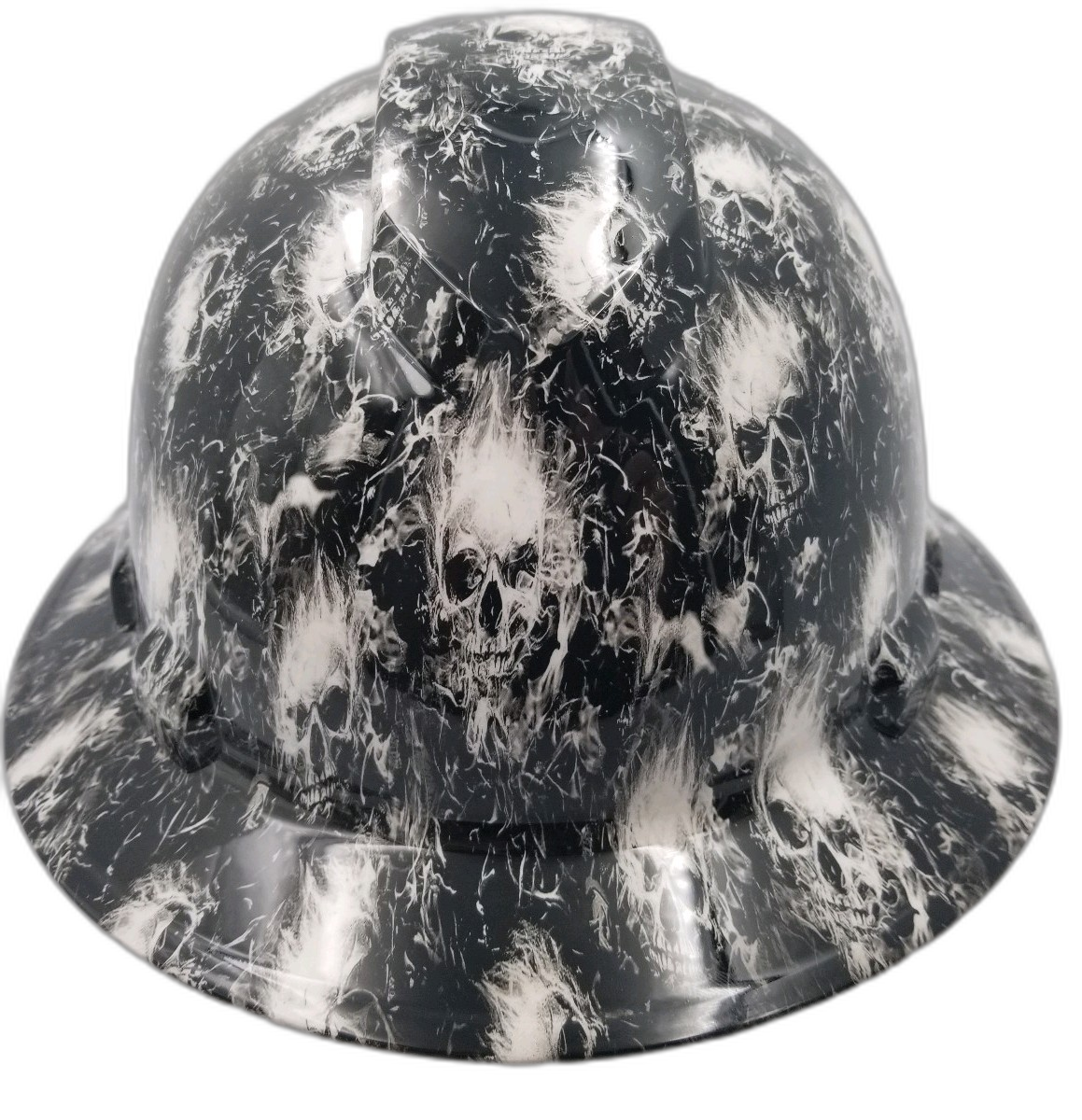 White Smoking Skulls Custom Hydro Dipped Full Brim Hard Hat - Front View