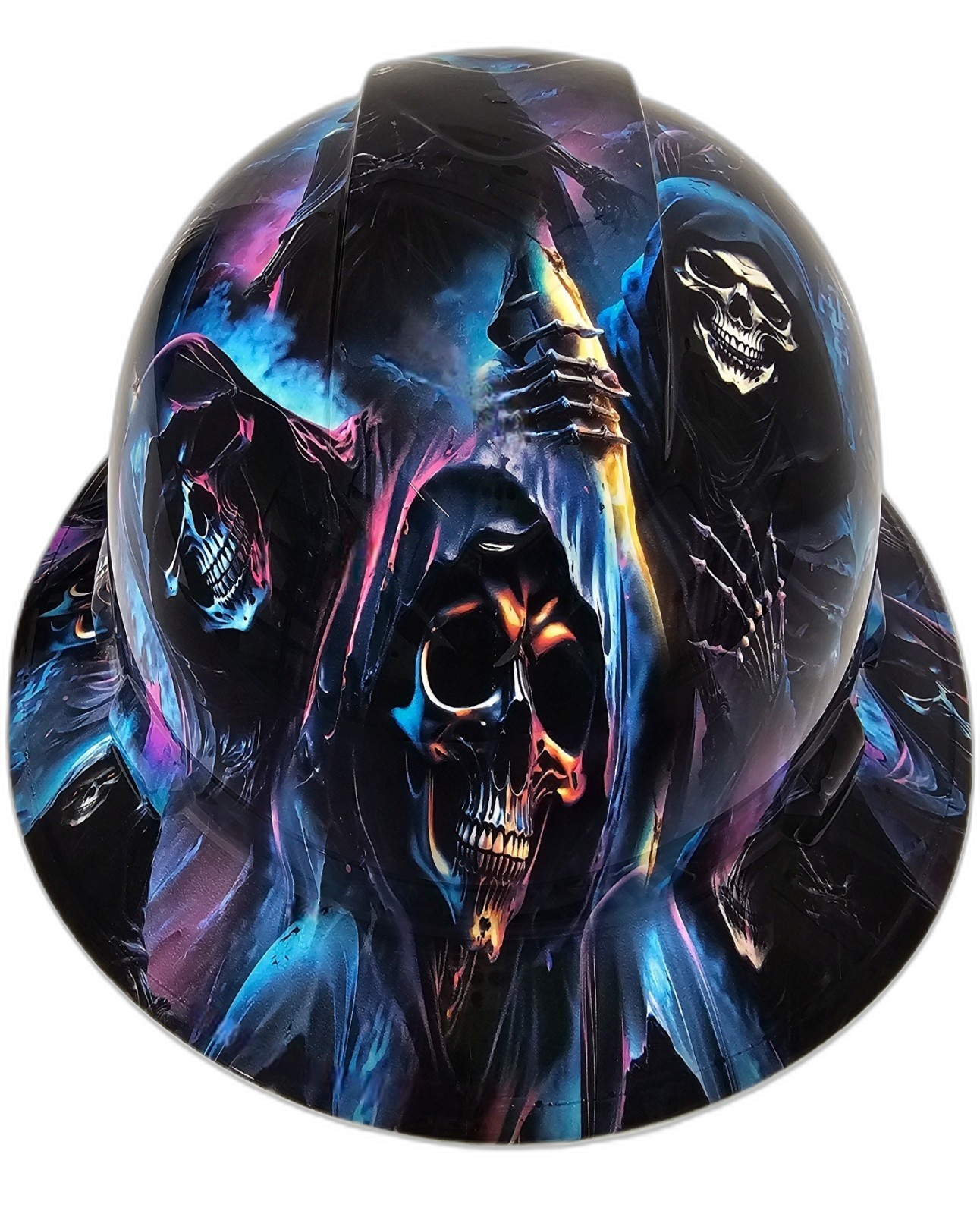 The Grim Reaper Midnight Creeper Custom Hydro Dipped Full Brim Hard Hat - Front View