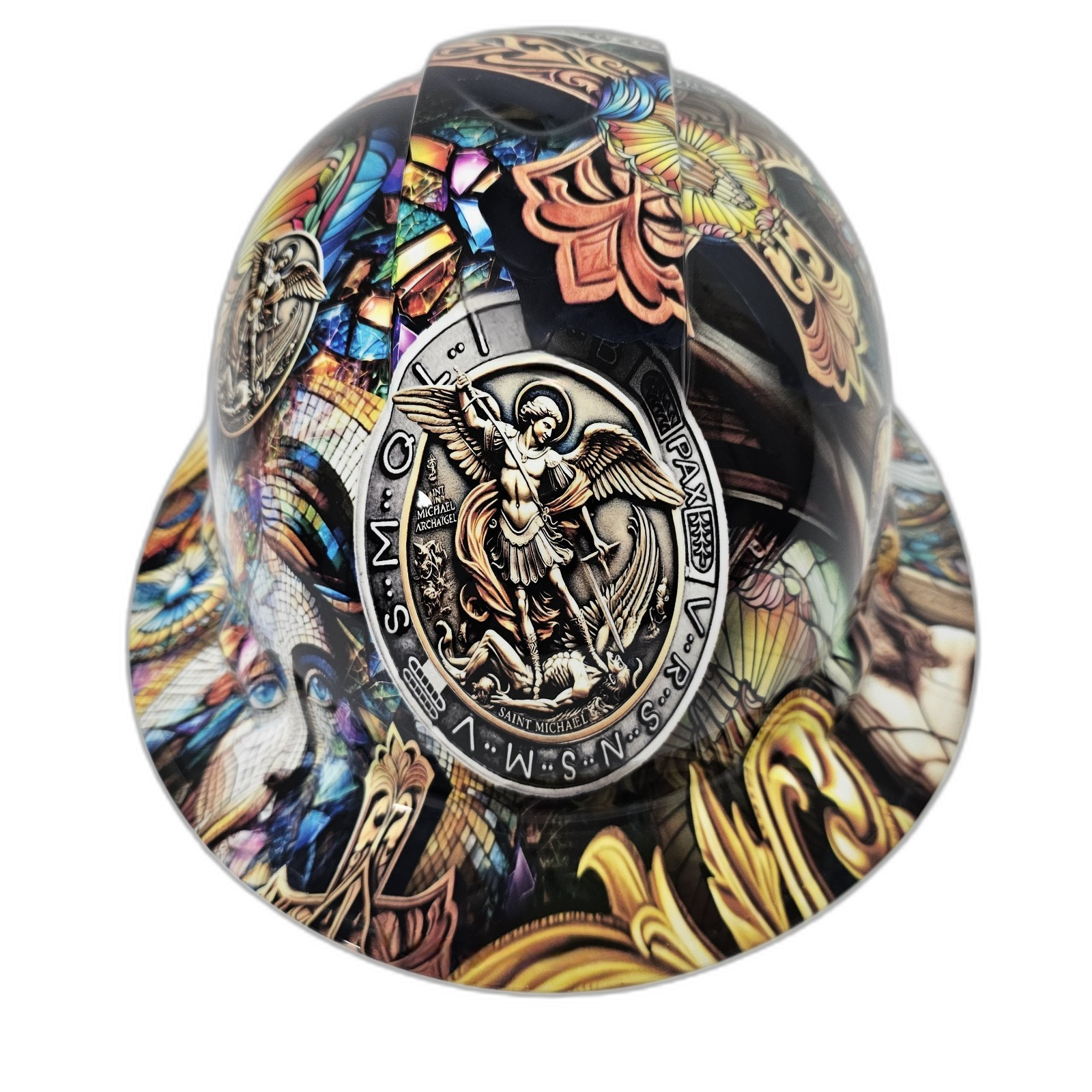 Saint Michael Jesus Gods Warrior Custom Hydro Dipped Full Brim Hard Hat - Front View