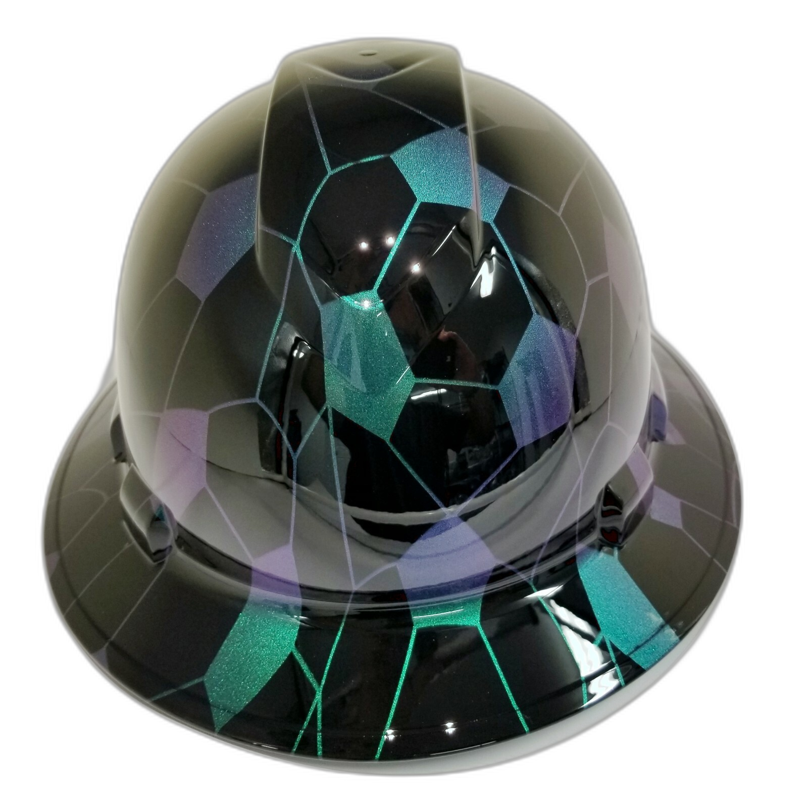 Color Shift Hex Camo Black Custom Hydro Dipped Full Brim Hard Hat - Front View