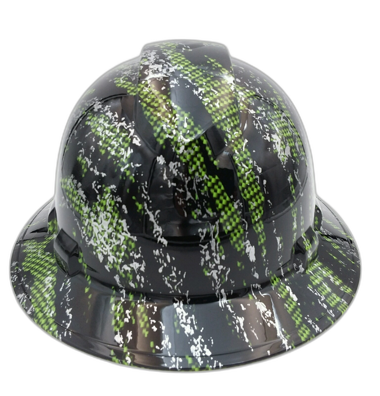 Green Carbon Urban Camo Black Custom Hydro Dipped Full Brim Hard Hat - Front View