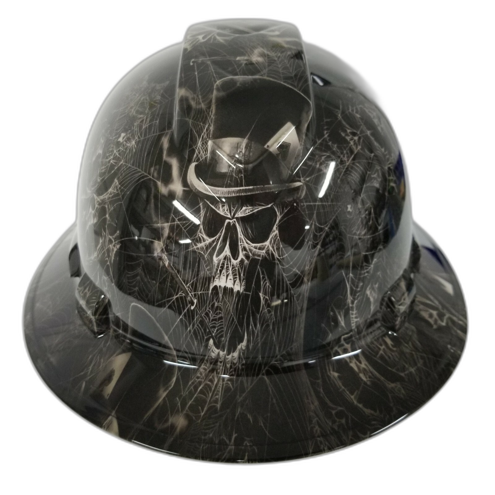 Top Hat Spider Web Skulls Custom Hydro Dipped Full Brim Hard Hat - Front View