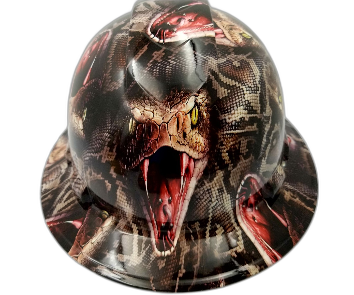 Snakebite pit Viper extreme snake Custom Hydro Dipped Full Brim Hard Hat - Front View