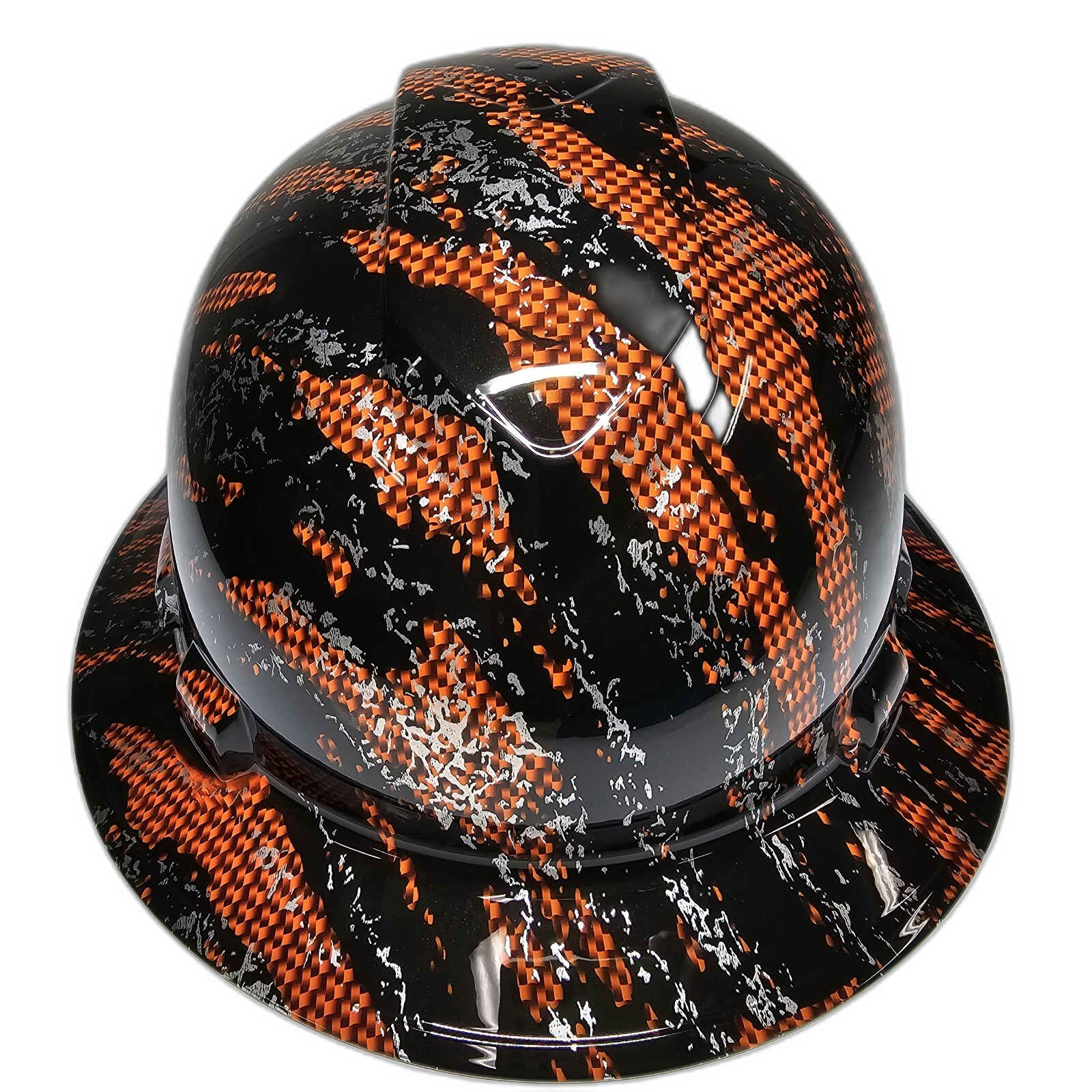 Orange Urban Camo Carbon Fiber Custom Hydro Dipped Full Brim Hard Hat - Front View