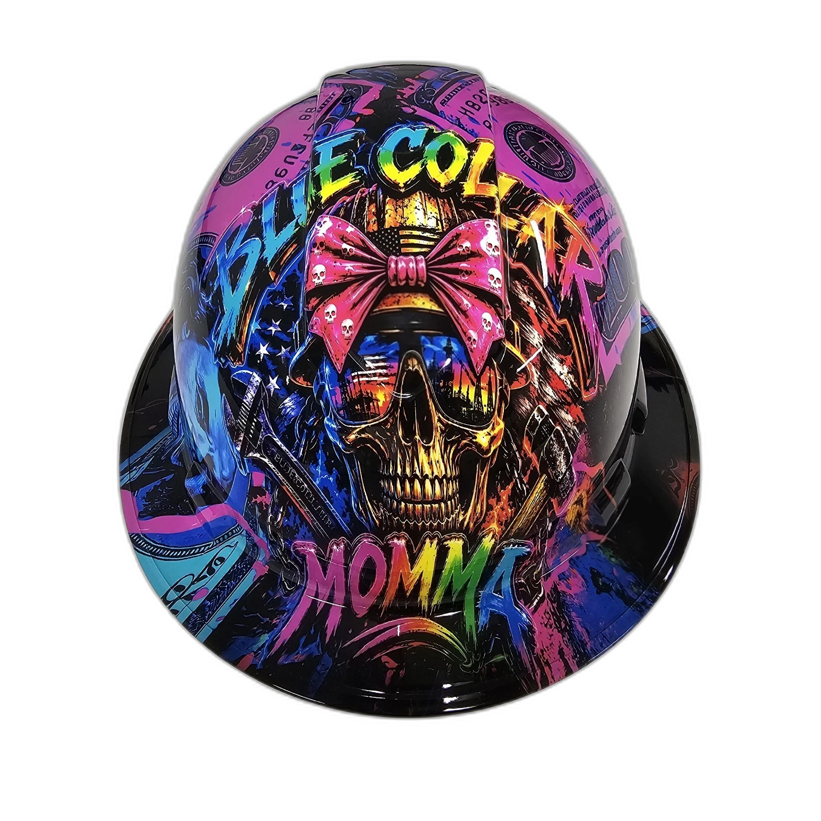 Blue Collar Momma custom hydro dipped hard hat - front view