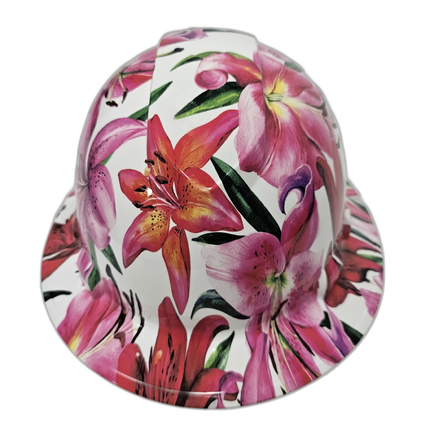 Stargazer Lillies Flowers Custom Hydro Dipped Full Brim Hard Hat - Front View