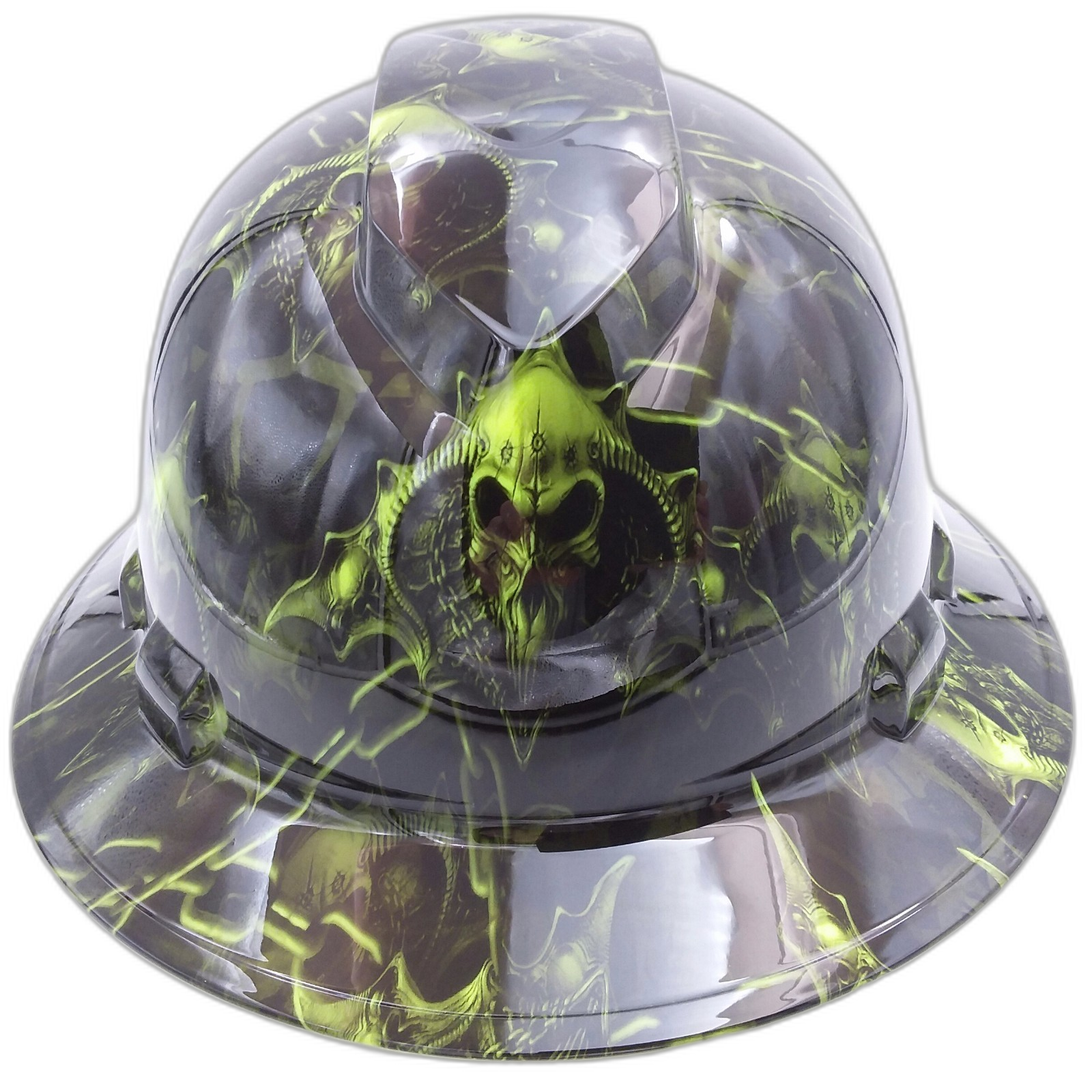 Dark Raiser Skulls Green Custom Hydro Dipped Full Brim Hard Hat - Front View
