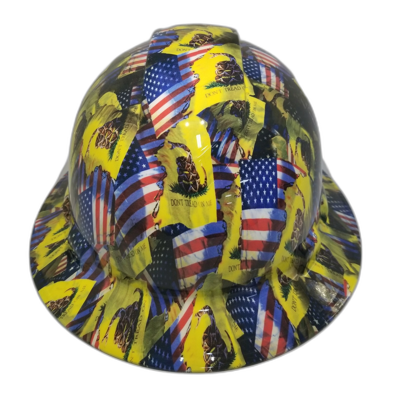 Don'T Tread On Me USA Flag Custom Hydro Dipped Full Brim Hard Hat - Front View