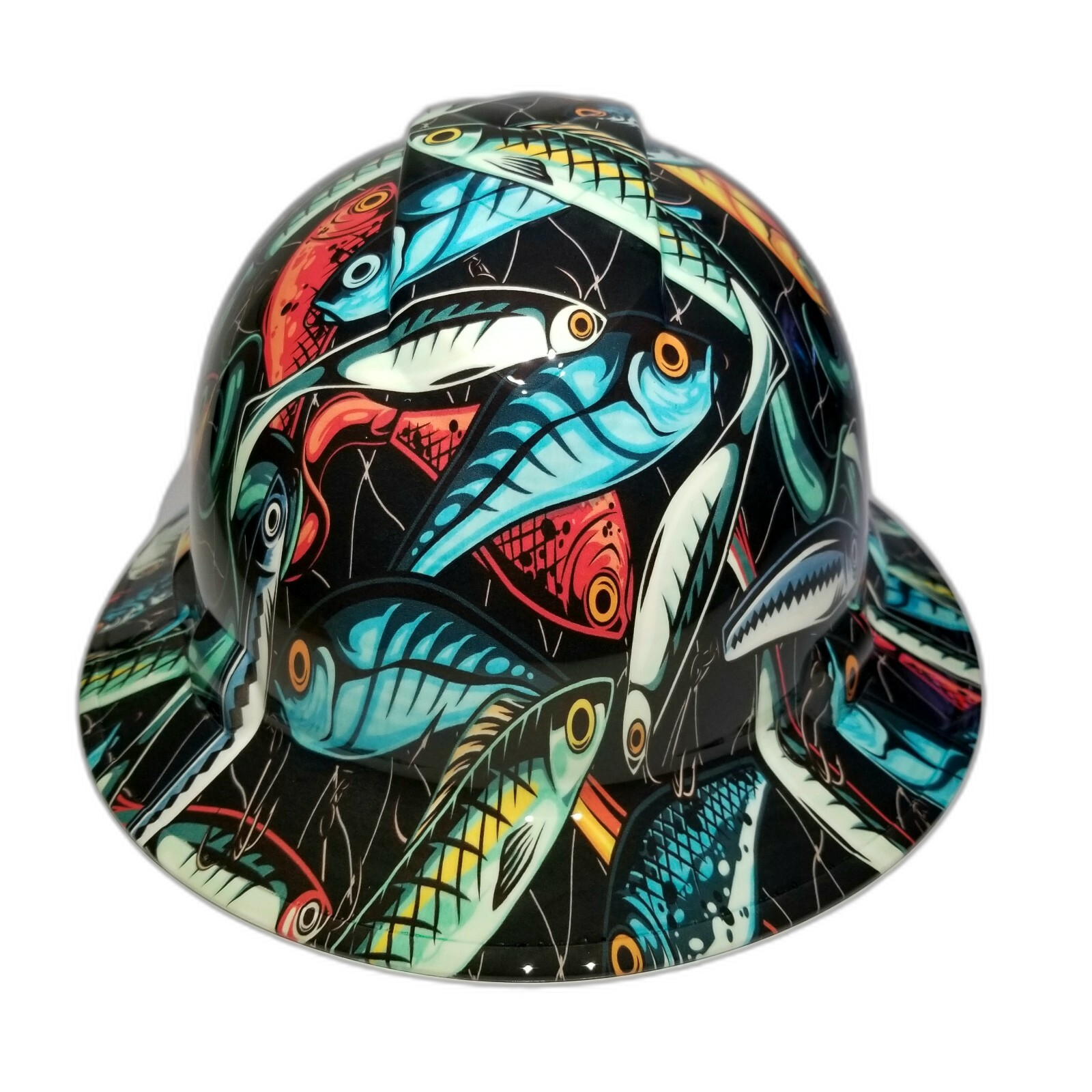 Big Bass Fishing Lures Custom Hydro Dipped Full Brim Hard Hat - Front View