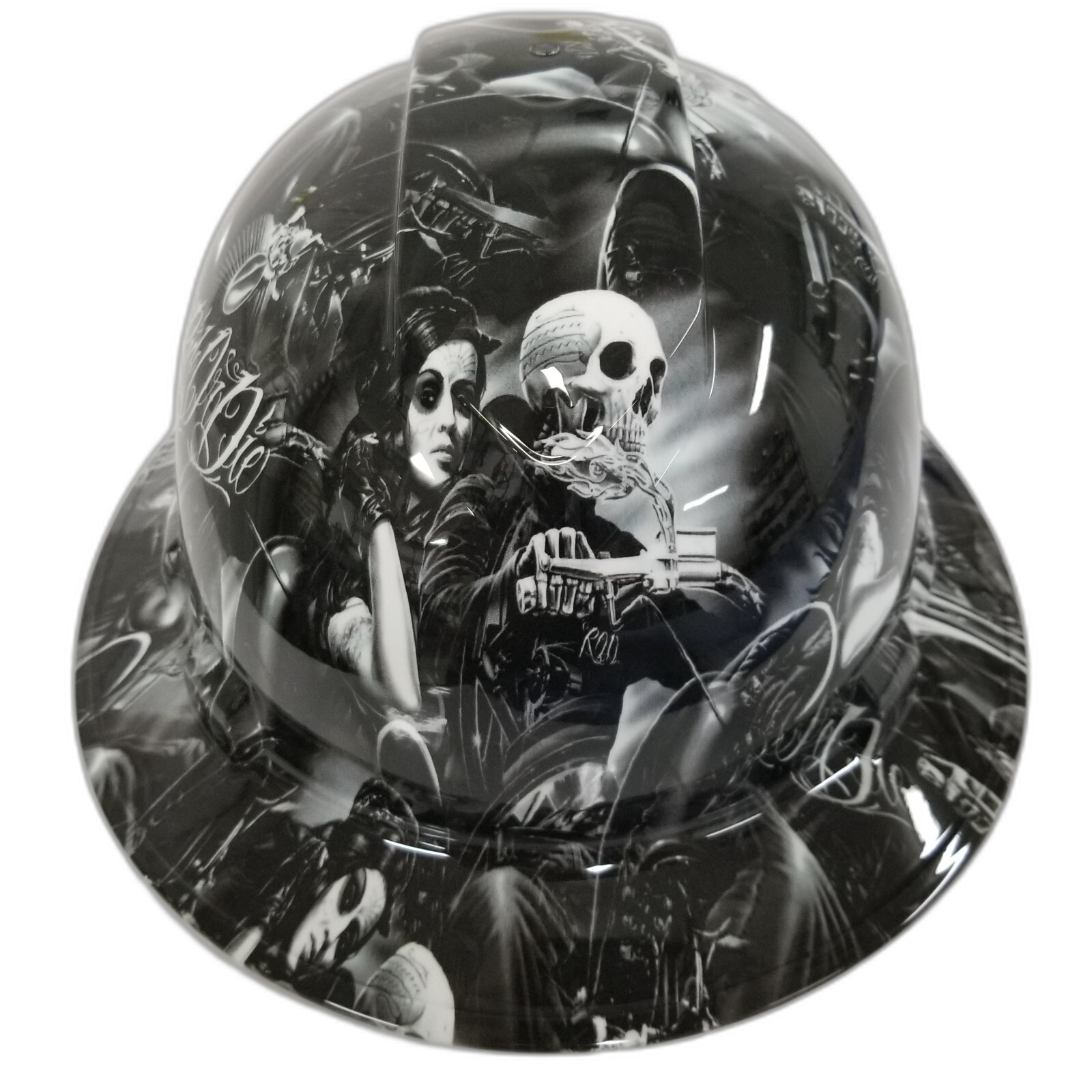 Ride Or Die Outlaw Biker Custom Hydro Dipped Full Brim Hard Hat - Front View