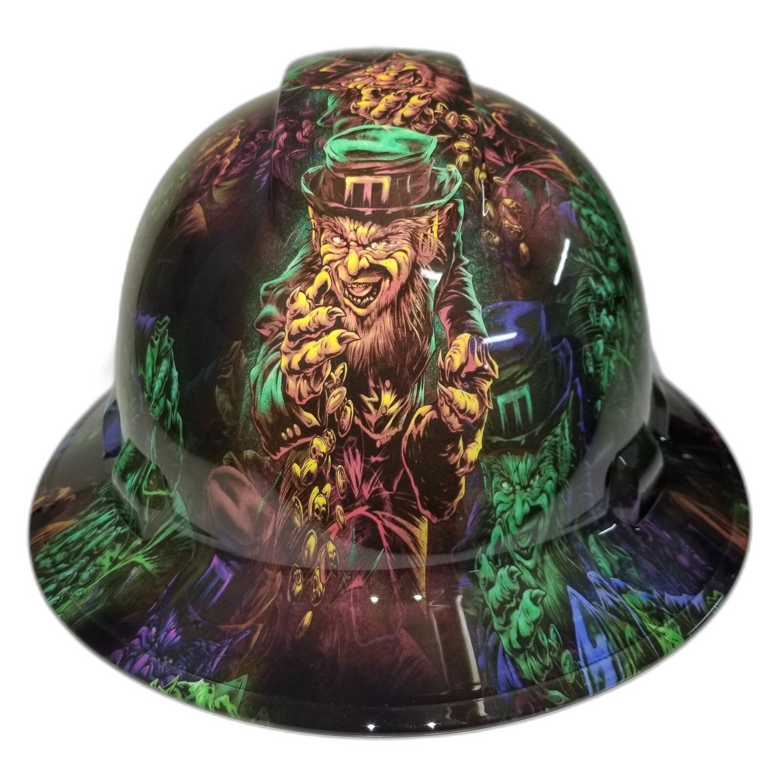 Leprechaun Irish Lucky Custom Hydro Dipped Full Brim Hard Hat - Front View