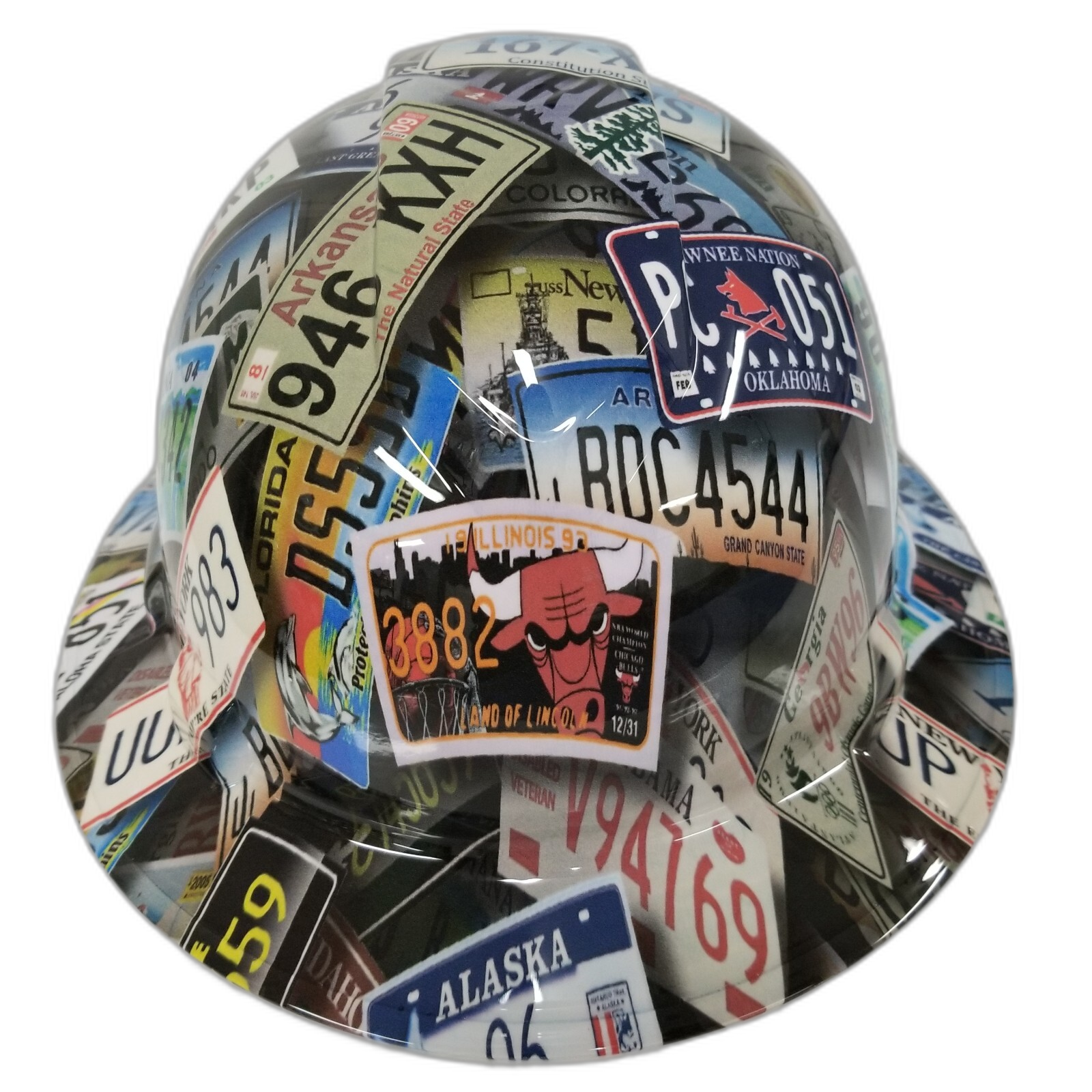 USA License Plates Car Tags Custom Hydro Dipped Full Brim Hard Hat - Front View
