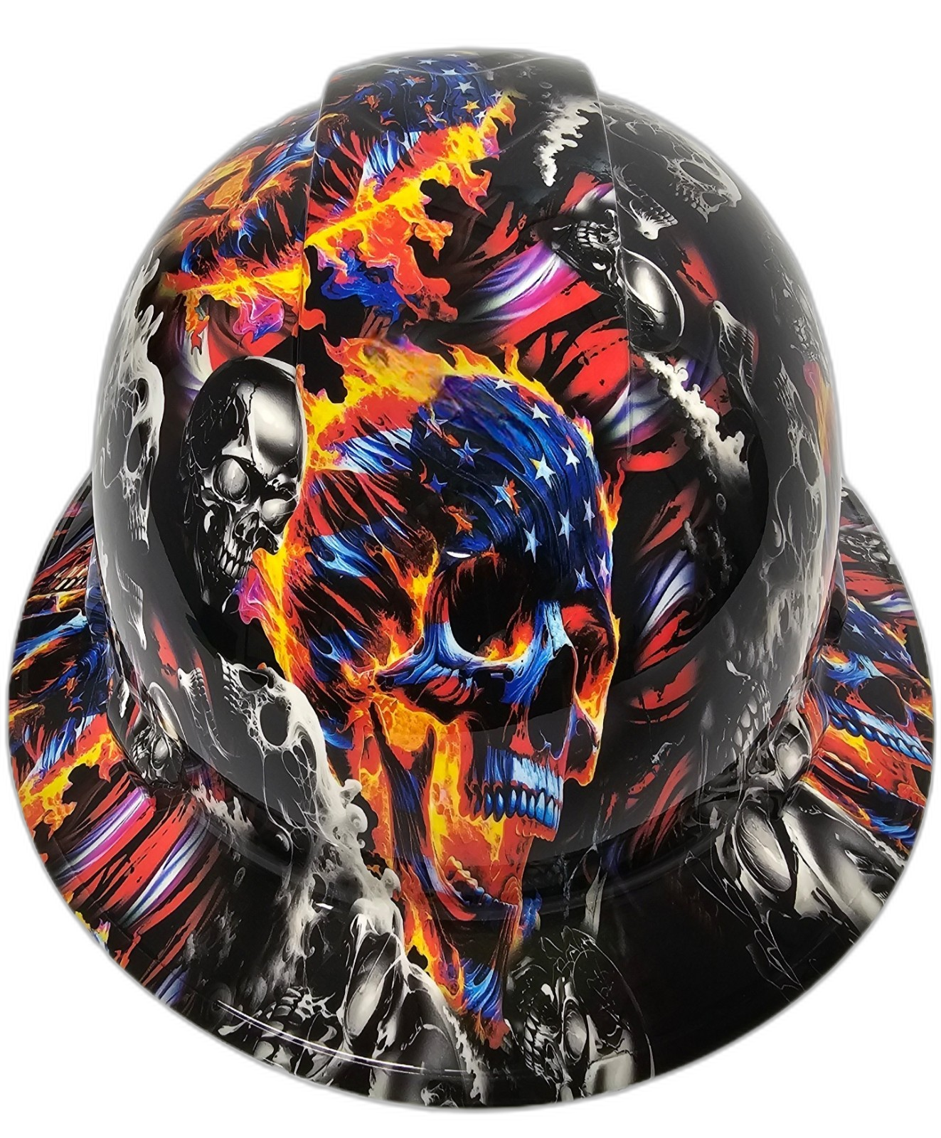 American Flaming Skulls Till Death Custom Hydro Dipped Full Brim Hard Hat - Front View