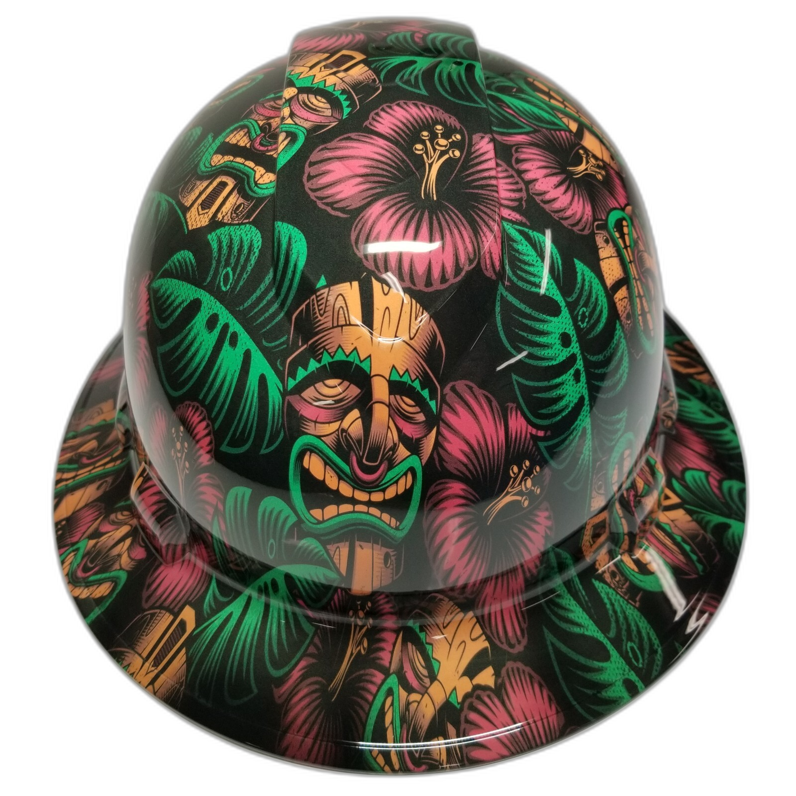 Tiki Masks Polynesian Hawaiian Aloha Custom Hydro Dipped Full Brim Hard Hat - Front View