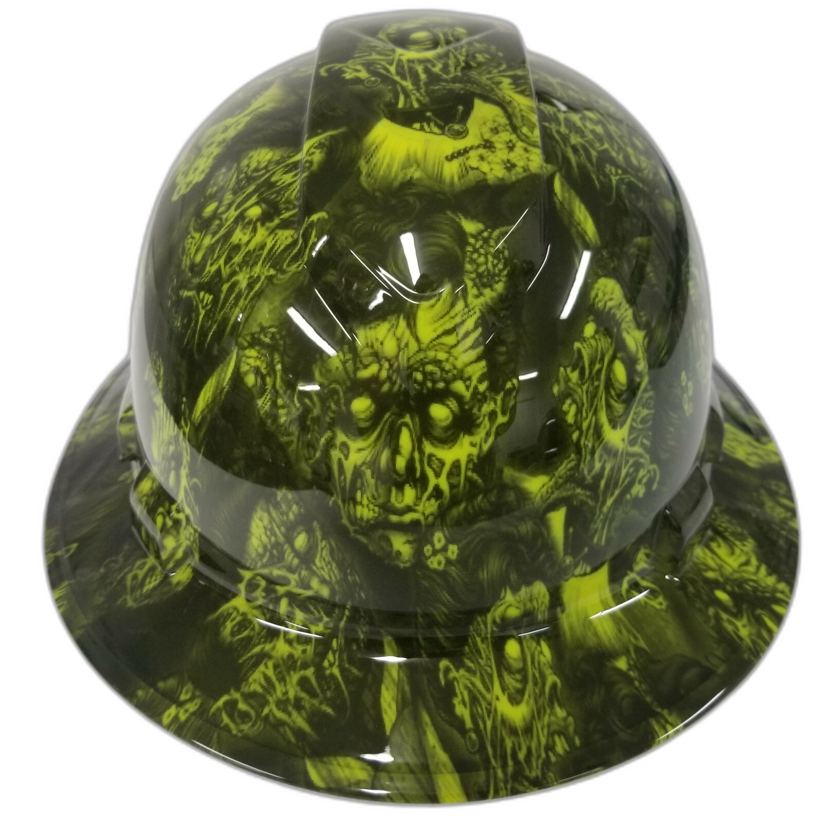 Hi Vis Green Melting Zombies Custom Hydro Dipped Full Brim Hard Hat - Front View