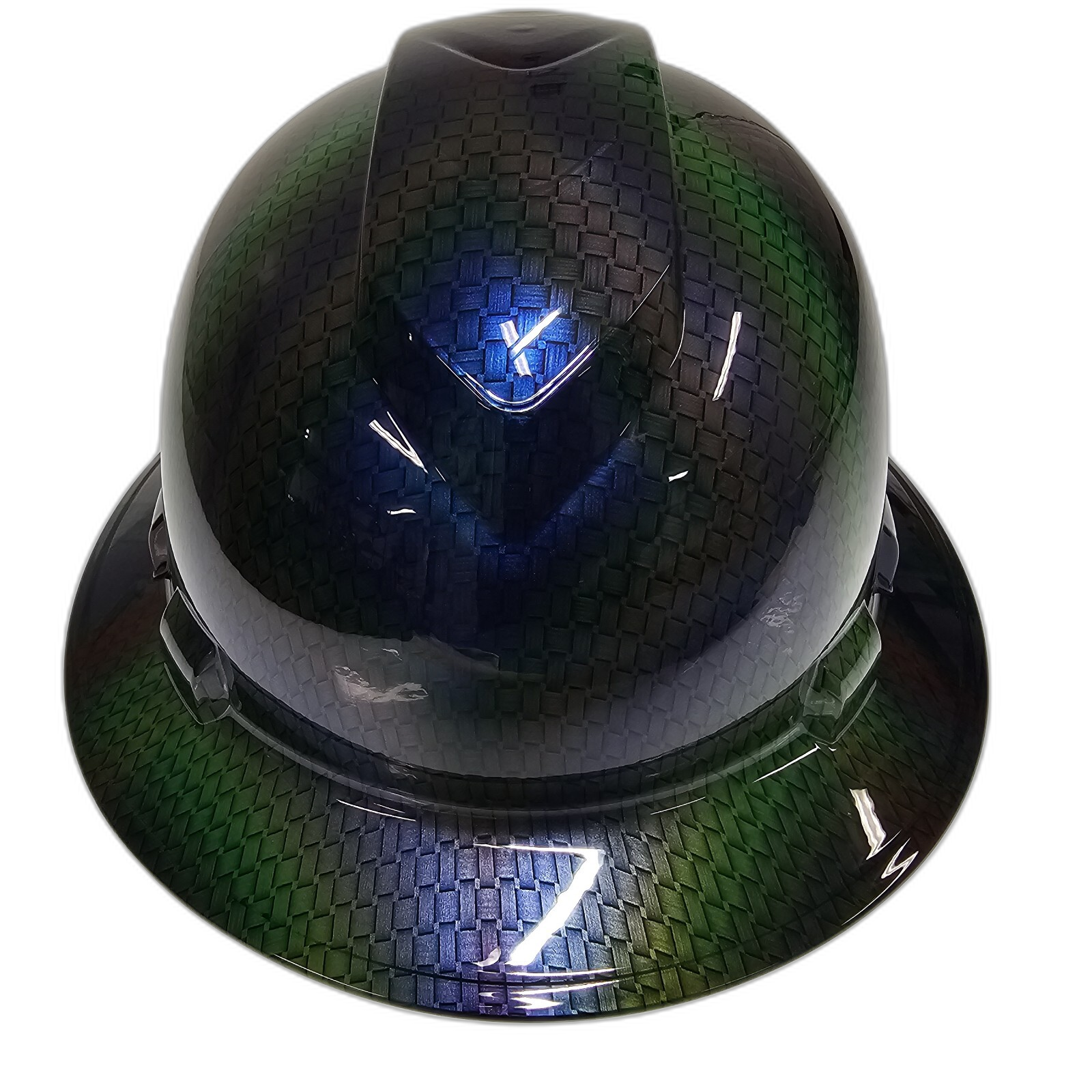 Multi Color Basket Weave Carbon Fiber Custom Hydro Dipped Full Brim Hard Hat - Left Side View