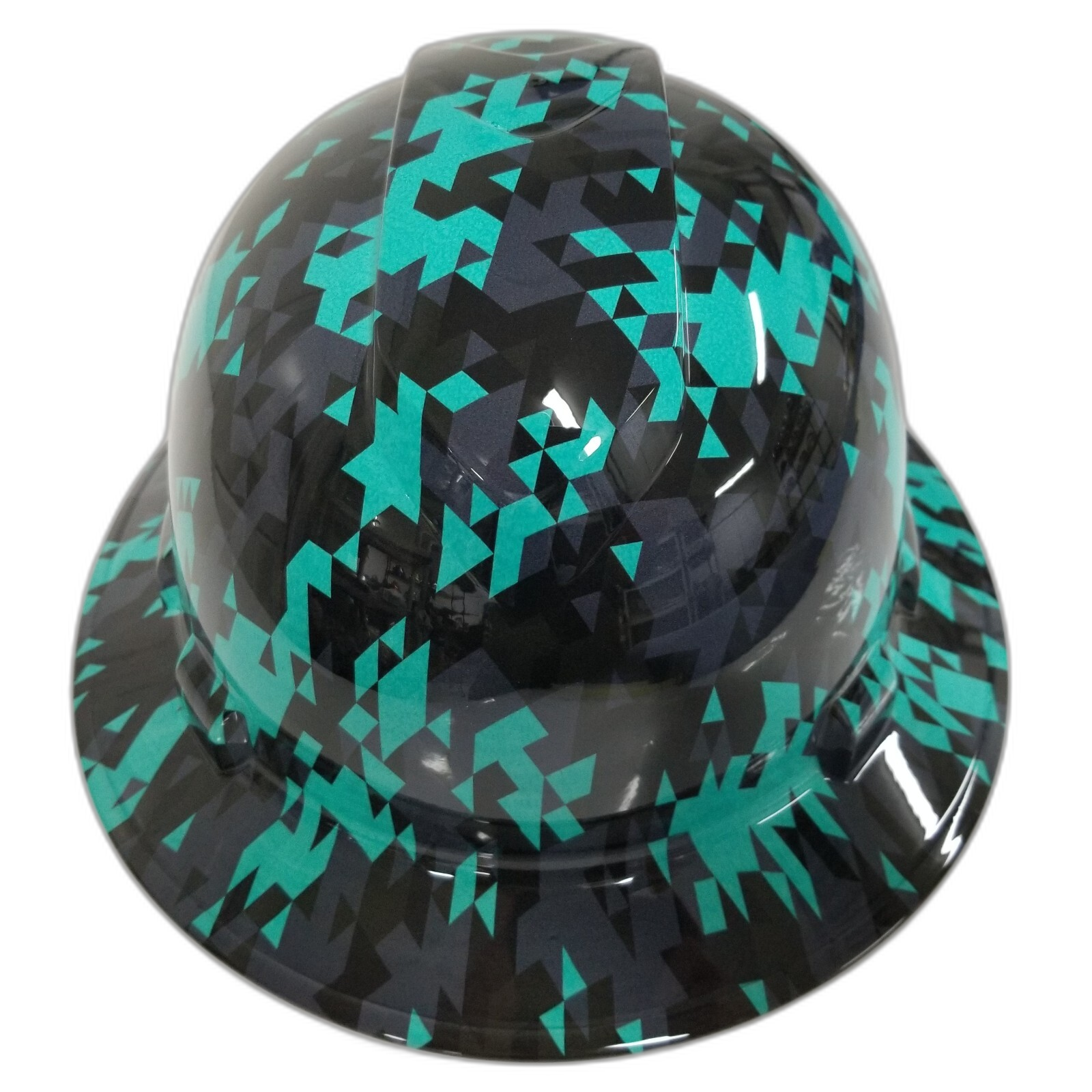 Turquoise Teal Abstract Tactical Camo Custom Hydro Dipped Full Brim Hard Hat - Left Side View