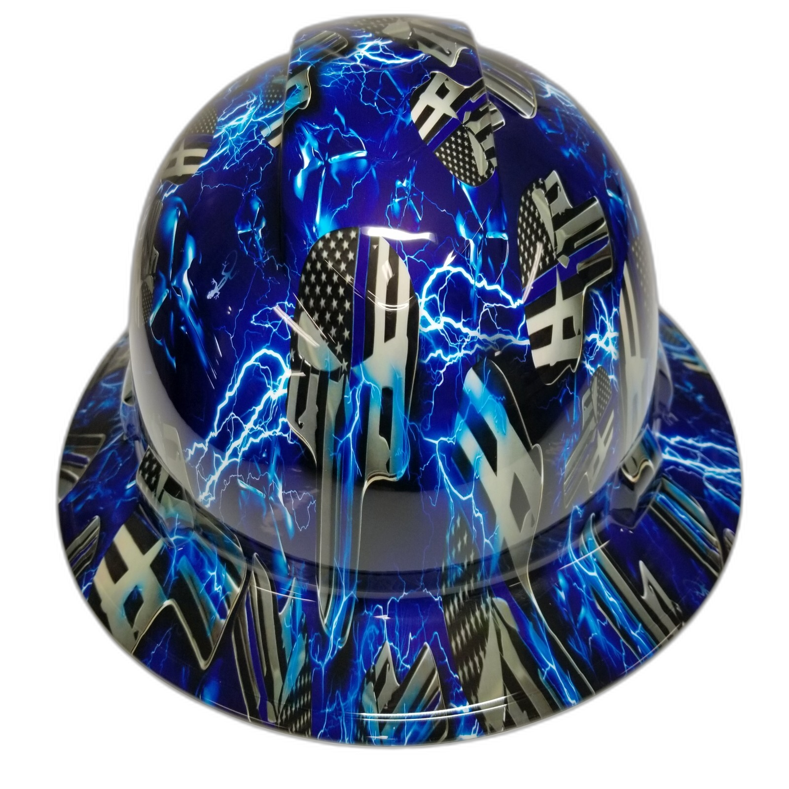 Blue Line Ice Skulls Blue Lightning Custom Hydro Dipped Full Brim Hard Hat - Left Side View