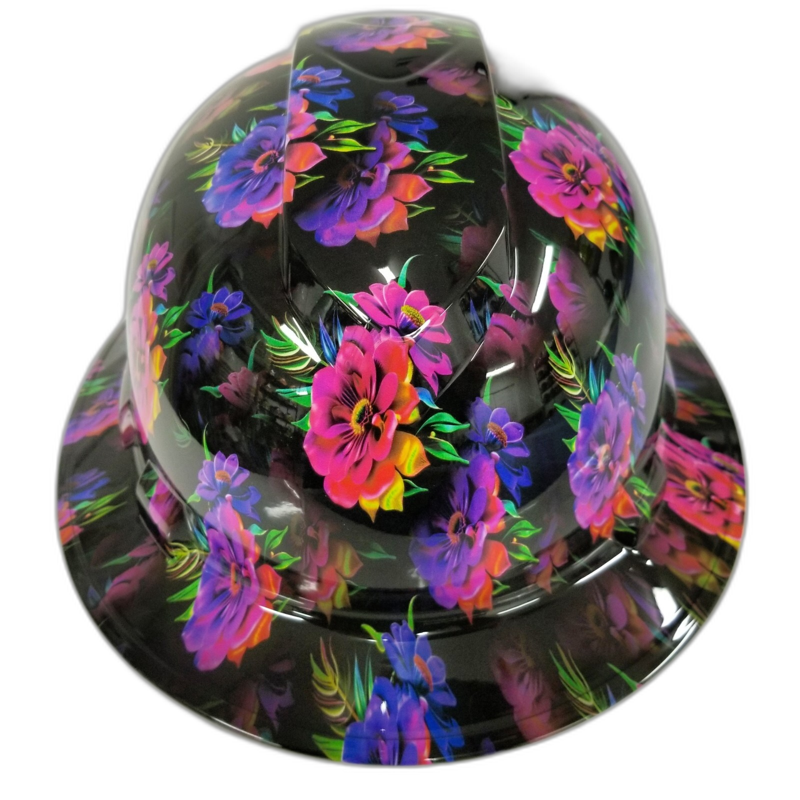 Neon Flowers Great Color Custom Hydro Dipped Full Brim Hard Hat - Right Side View