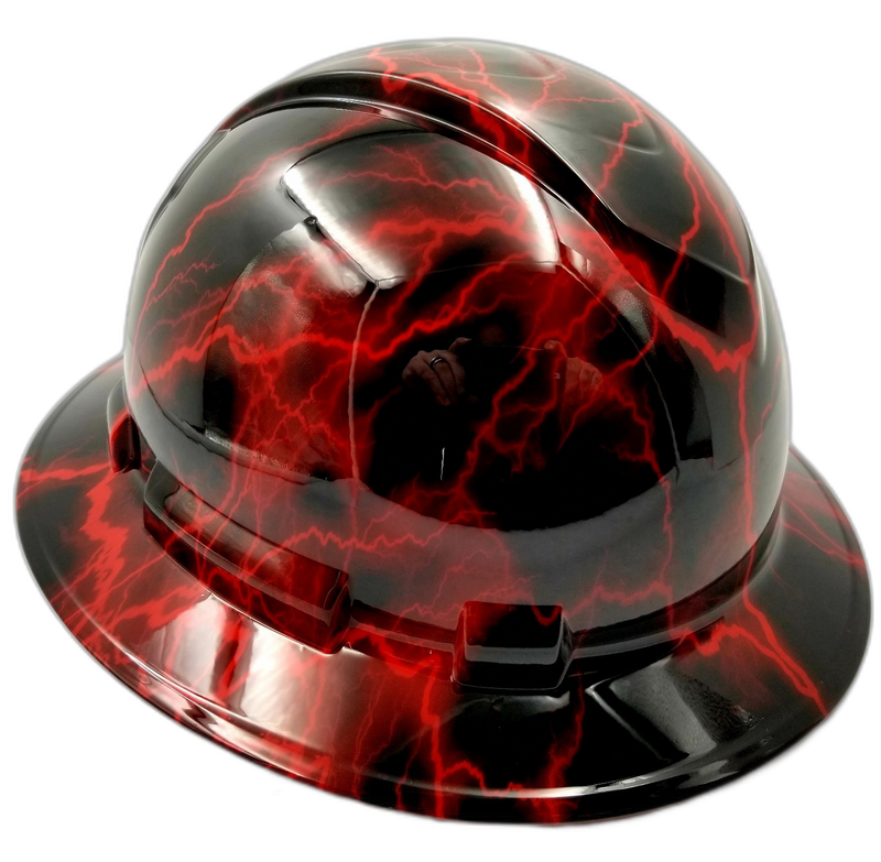 Candy Red Lightning on Black hard hat right side view