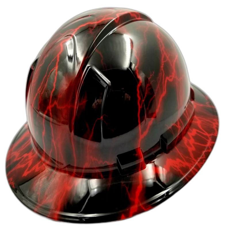 Candy Red Lightning on Black hard hat back view