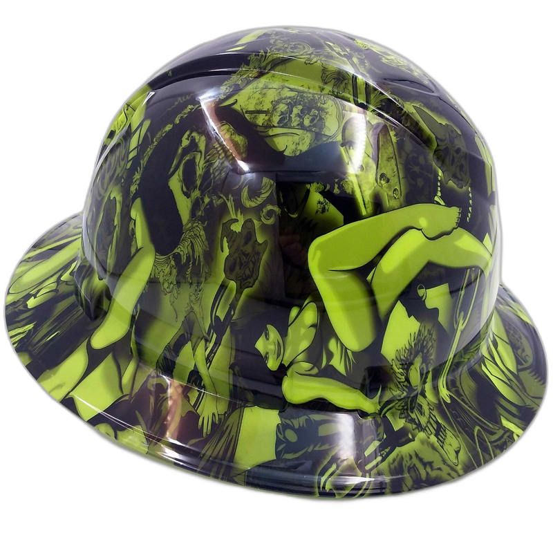 Neon Lime Biker Skull Art hard hat left side view