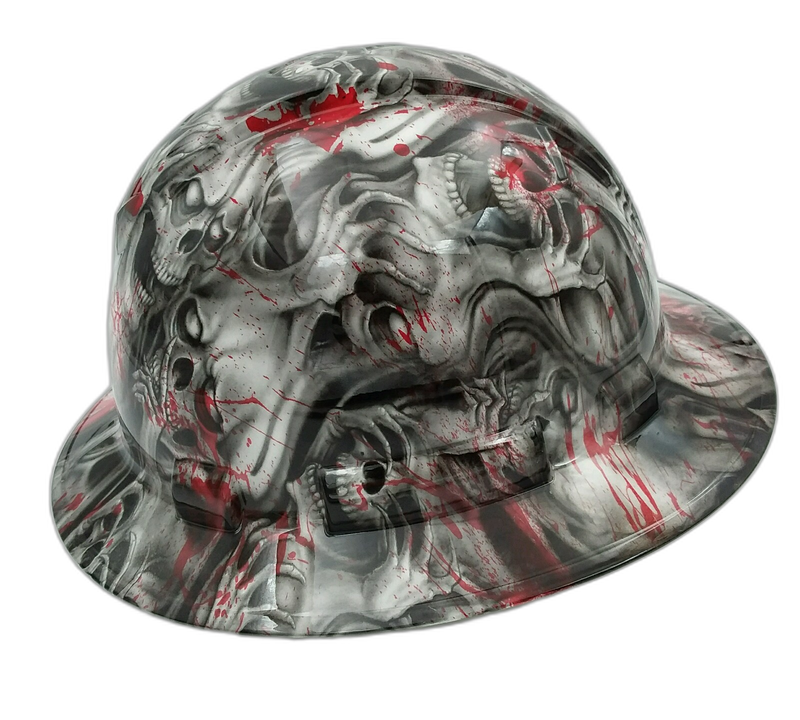 Blood Red Splatter Gray Skulls hard hat right side view