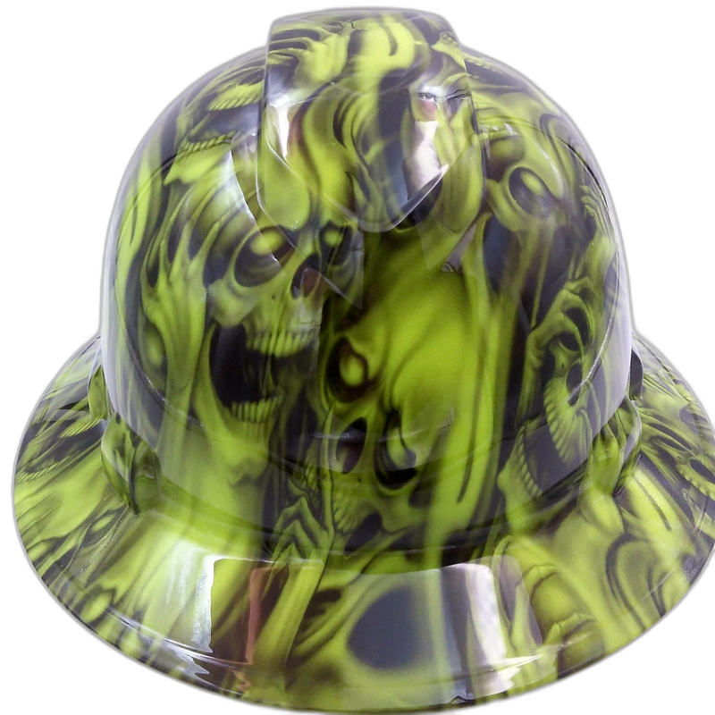 Neon Green Three Wise Skulls hard hat front view