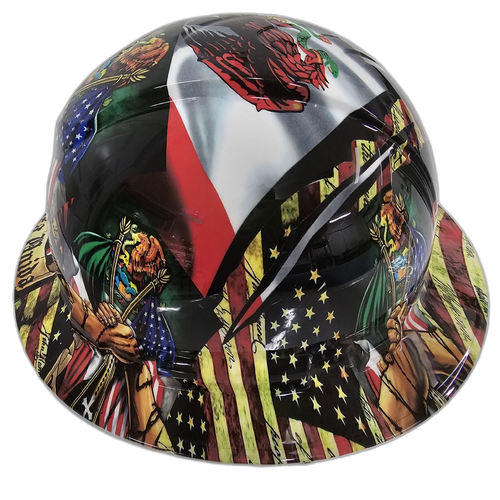 Full brim hard hat hydro-dipped in Mexican Roots Raza Unida Usa Pride - Image 3