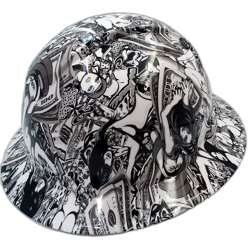 B&W Street Art Money Collage hard hat left side view