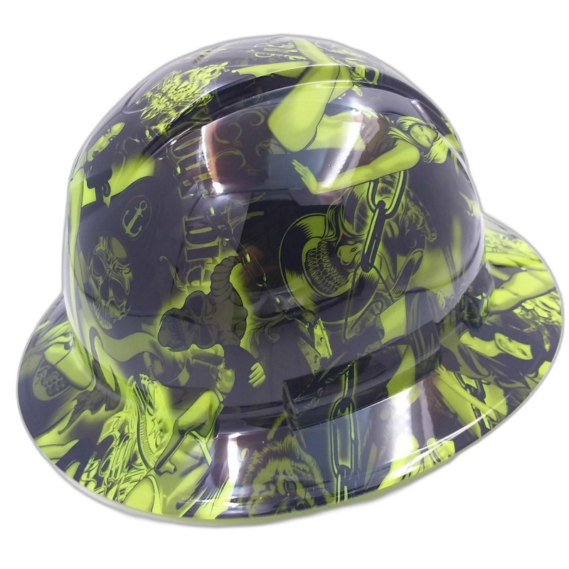 Neon Lime Biker Skull Art hard hat right side view