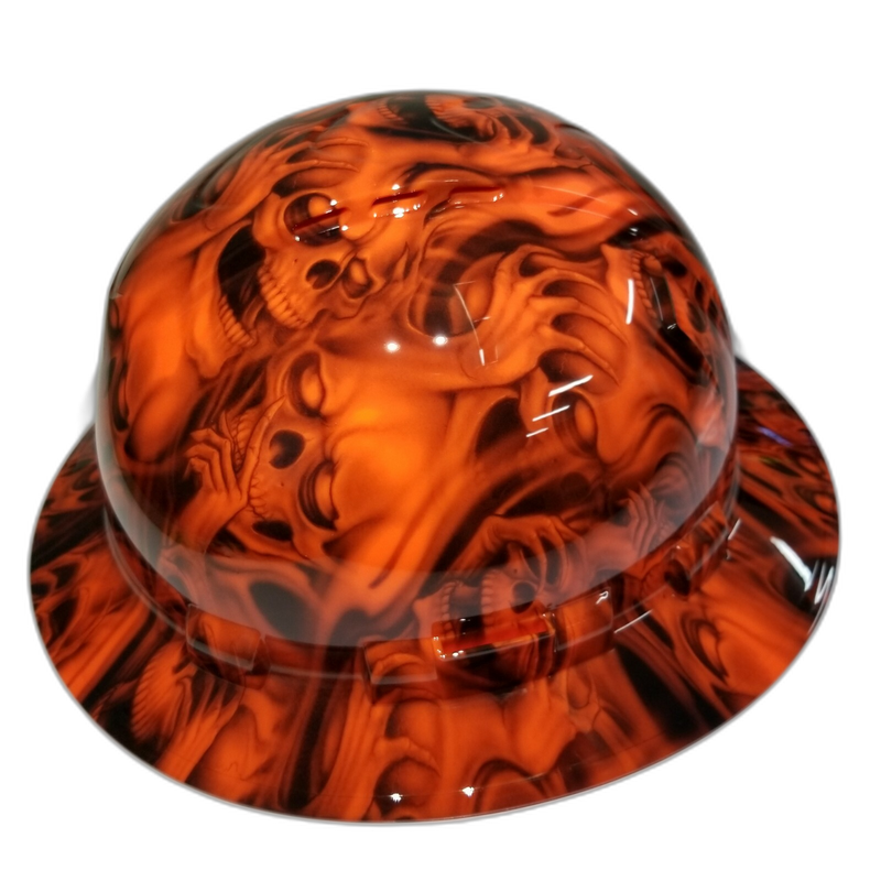 Orange Three Wise Skulls hard hat right side view