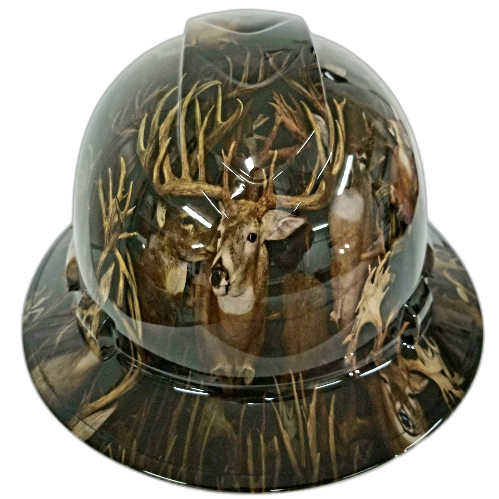 Big Buck Hunter Trophy Buck Custom Hydro Dipped Full Brim Hard Hat - Front View